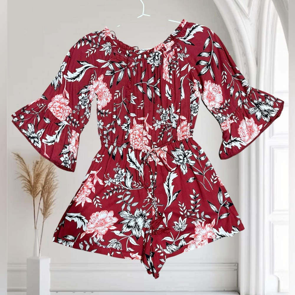 Angie Floral Burgundy Romper / Jumpsuit ruffle sleeves boho women size small